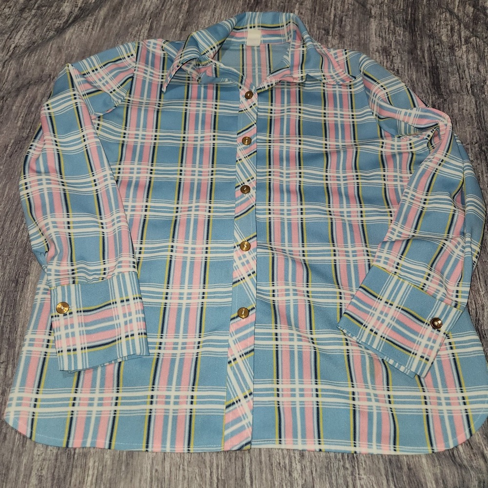 Vintage 70s Plaid Long Sleeve Button Up Shirt Pastel Colors Union Made in USA
